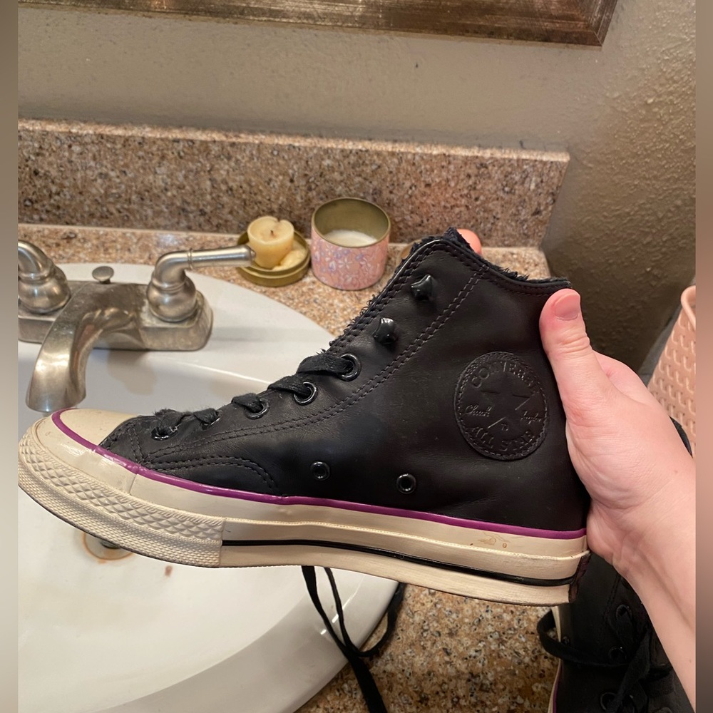 Fleece lined black and purple high top converse